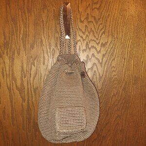 The Sak Boho Chic Crochet Drawstring Backpack Tan Khaki Bucket Bag Purse